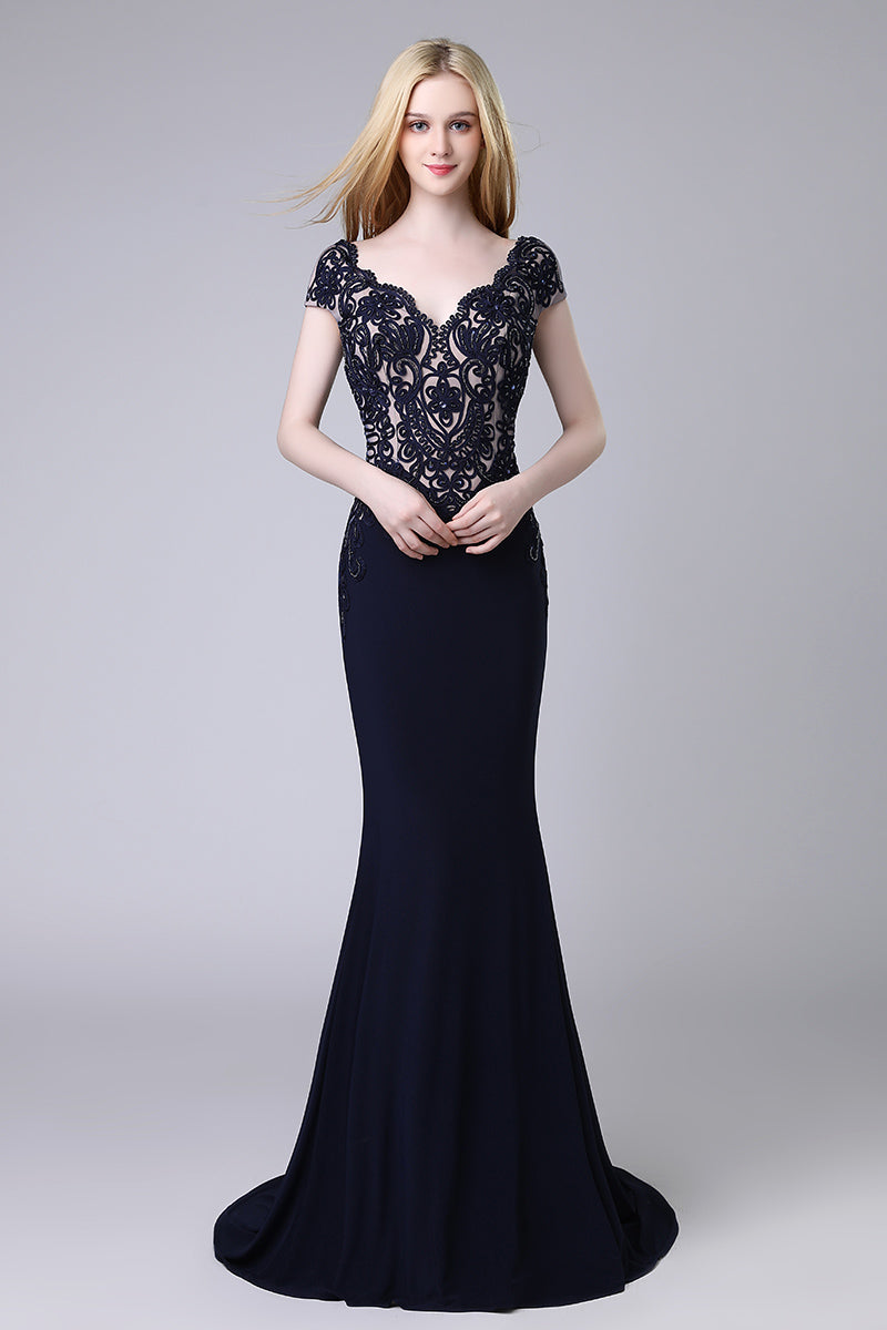 fitted lace wedding dress Charming Formal Black Short Sleeves Mermaid Long Evening Dress – luladress