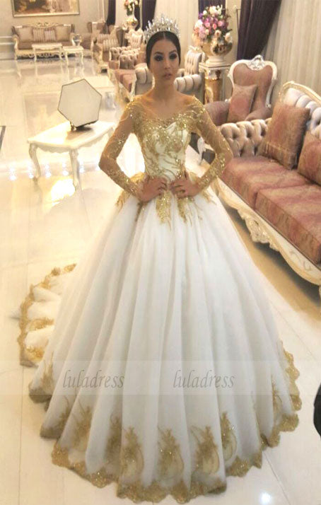 Gold Lace Appliques White Tulle Long Sleeves Bridal Ball Gown Wedding luladress Gold Lace Appliques White Tulle Long Sleeves Bridal Ball Gown Wedding luladress