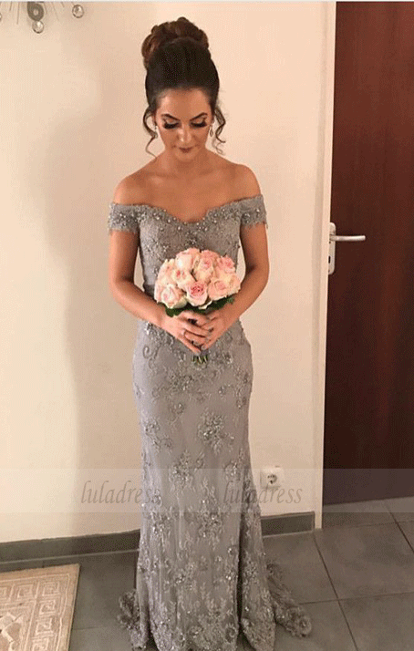 Elegant Beaded V-neck Gray Lace Evening Dresses,Mermaid Prom Dress