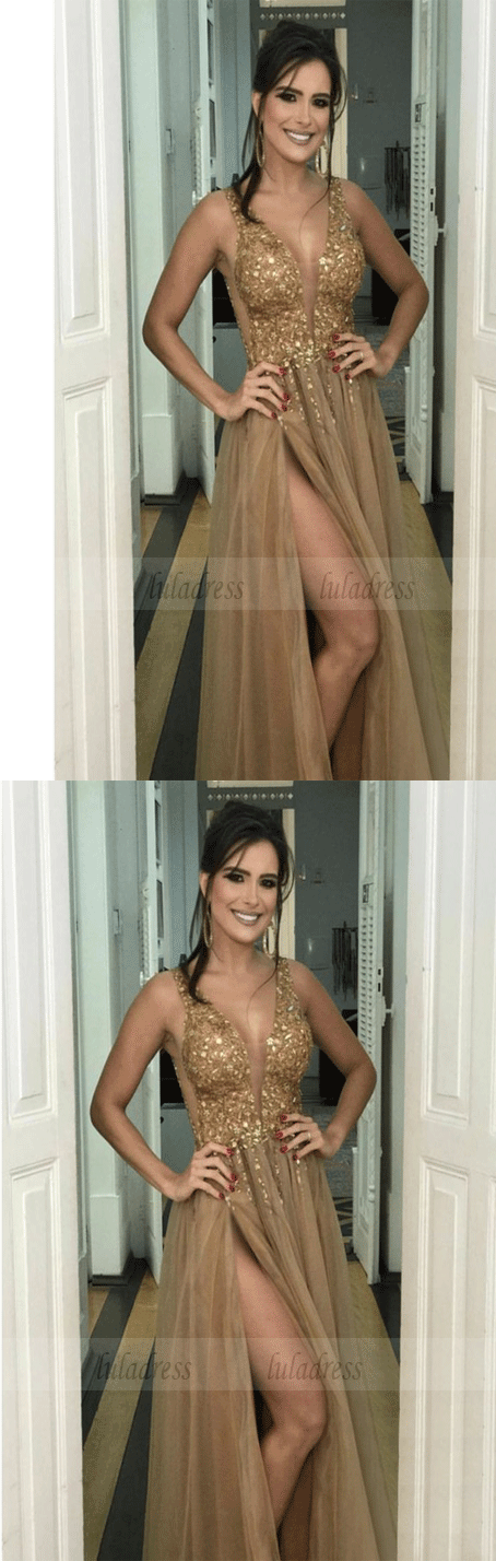 Gold Crystals Prom Dresses Long A-line Sexy Party Dresses High Slit Evening Dresses