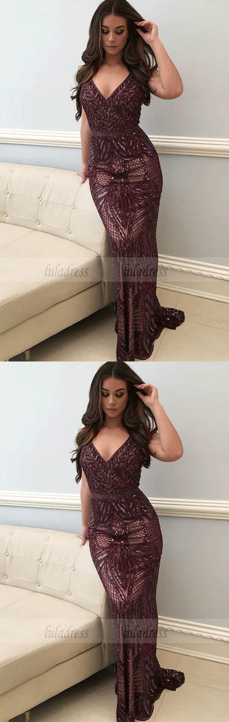 Mermaid V-Neck Floor-Length Grape Lace Prom Dress with Beading