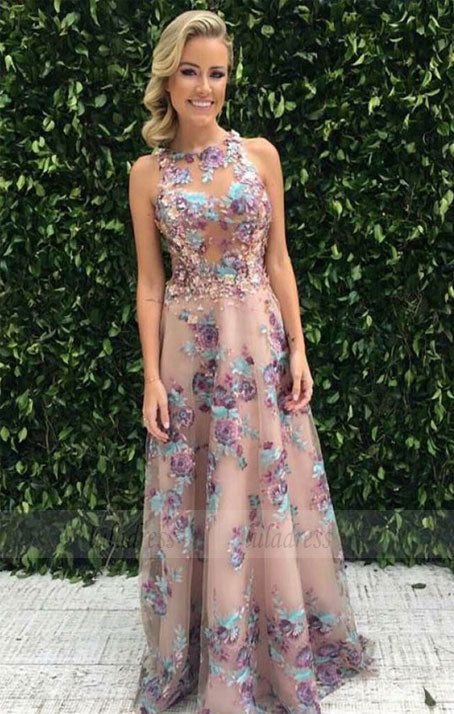 A-Line Jewel Sweep Train Purple Tulle Sleeveless Prom Dress with Appliques