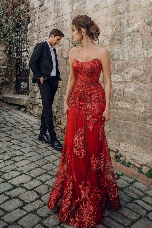 Beautiful Strapless Ruby Tulle Sequins Sheath Prom Dresses With Appliq luladress Beautiful Strapless Ruby Tulle Sequins Sheath Prom Dresses With Appliq luladress