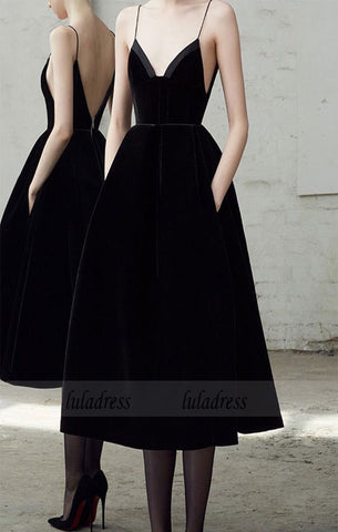 Spaghetti Straps Tea Length Black Backless Prom Dress Homecoming Dresses