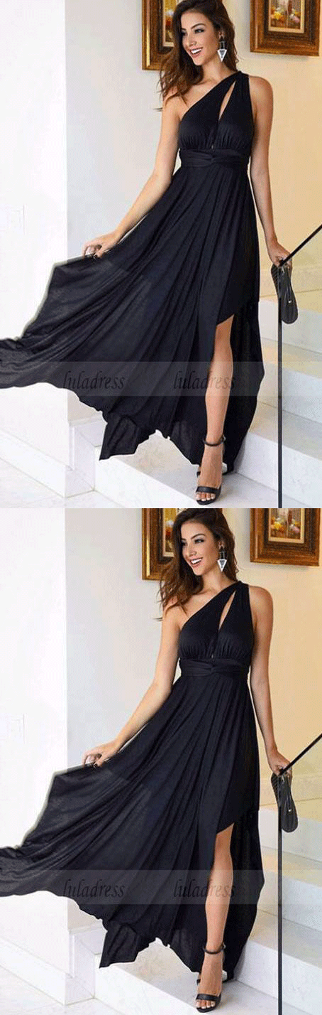 Simple one shoulder chiffon long prom dress, black evening dress