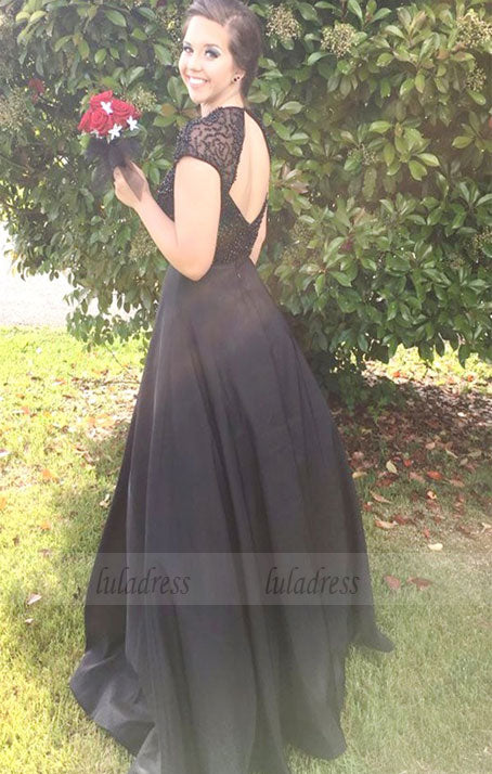 Two Piece Black Open Back Beading Jewel Cap Sleeves Sweep Train Prom Dress