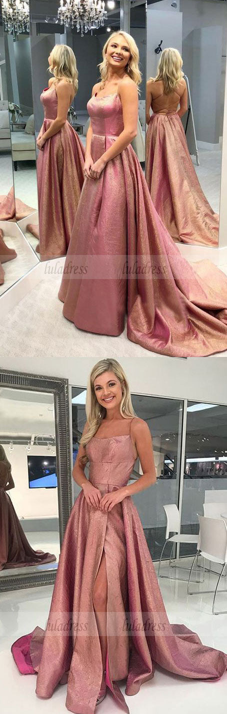 A-Line Spaghetti Straps Backless Sweep Train Rose Pink Prom Dress with Pleats