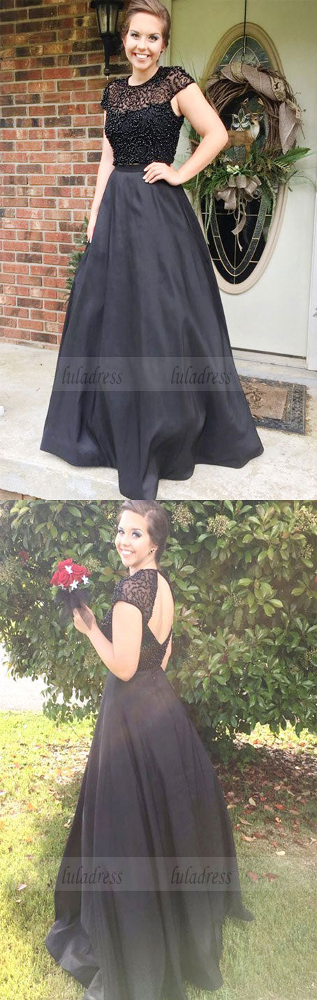 Two Piece Black Open Back Beading Jewel Cap Sleeves Sweep Train Prom Dress