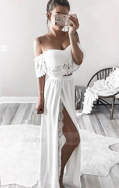 two piece long prom dresses,off the shoulder formal dresses
