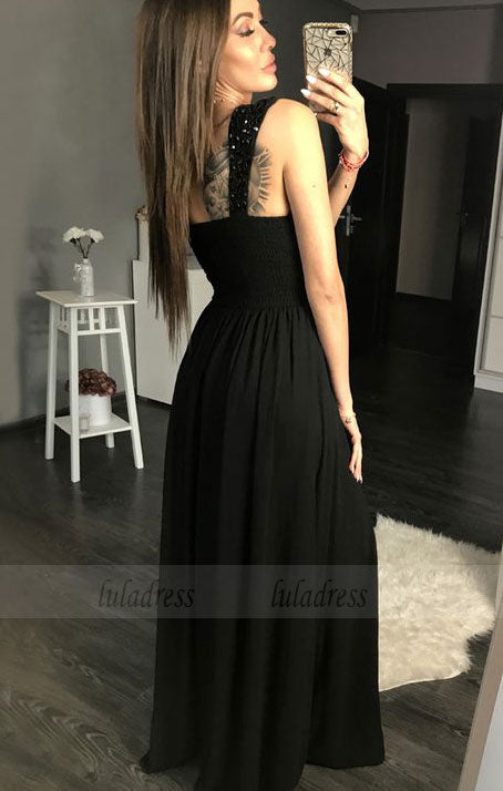 A-Line Straps Floor-Length Black Prom Dress with Beading Ruched