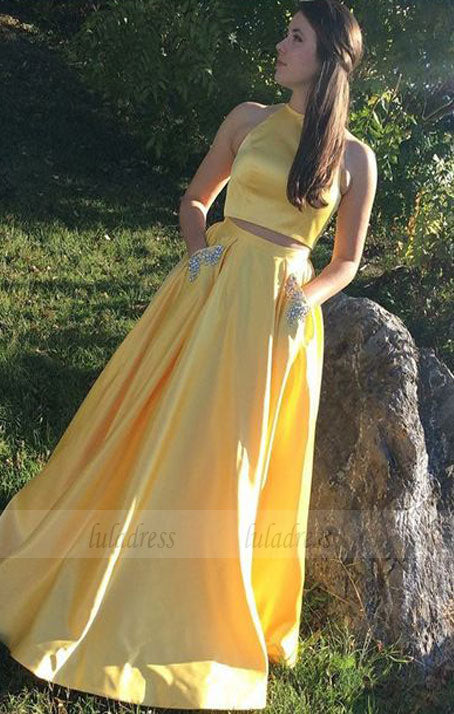 Two Piece Round Neck Yellow Satin Prom Dress