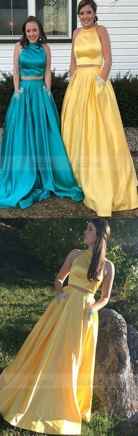 Two Piece Round Neck Yellow Satin Prom Dress