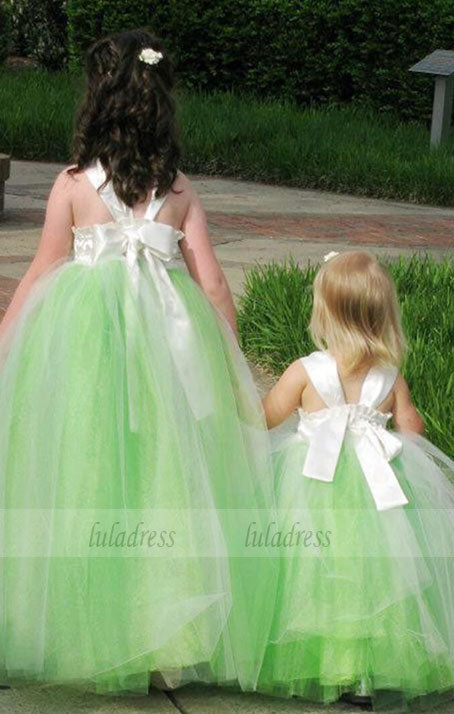 Robes de demoiselle d'honneur longues, robes d'anniversaire pour enfants, robes de soirée de mariage en tulle vertes pour enfants