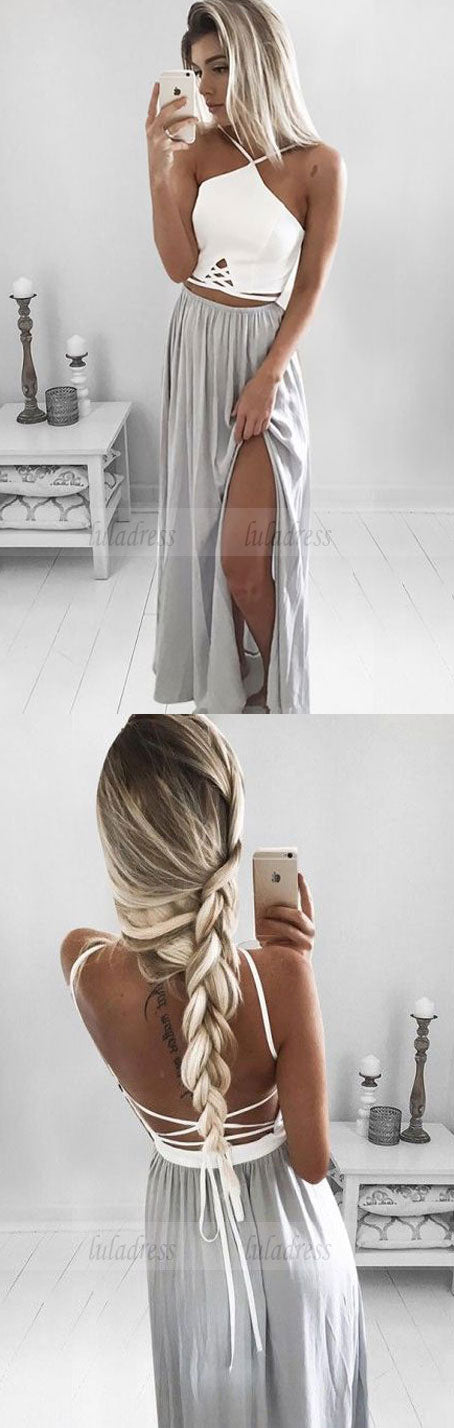 A-Line Spaghetti Straps Backless Long  Prom Dress with Split, simple beach party dresses with slit