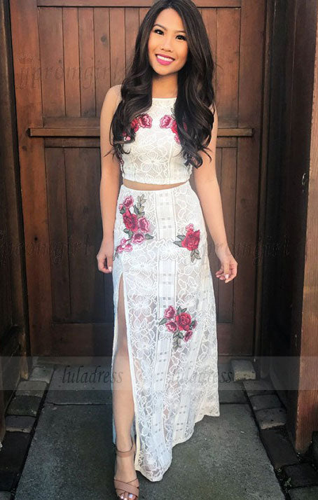 Two Piece Square Floor-Length White Lace Prom Dress with Appliques – luladress