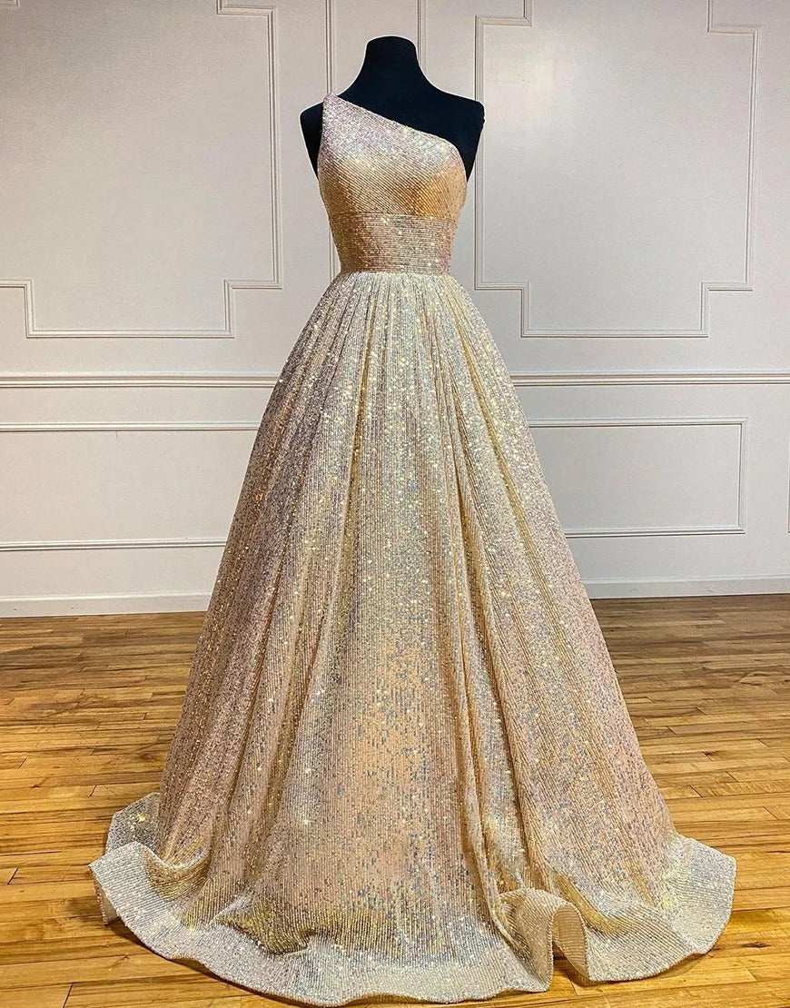 Champagne Glitter One Shoulder Prom Dresses luladress Champagne Glitter One Shoulder Prom Dresses luladress