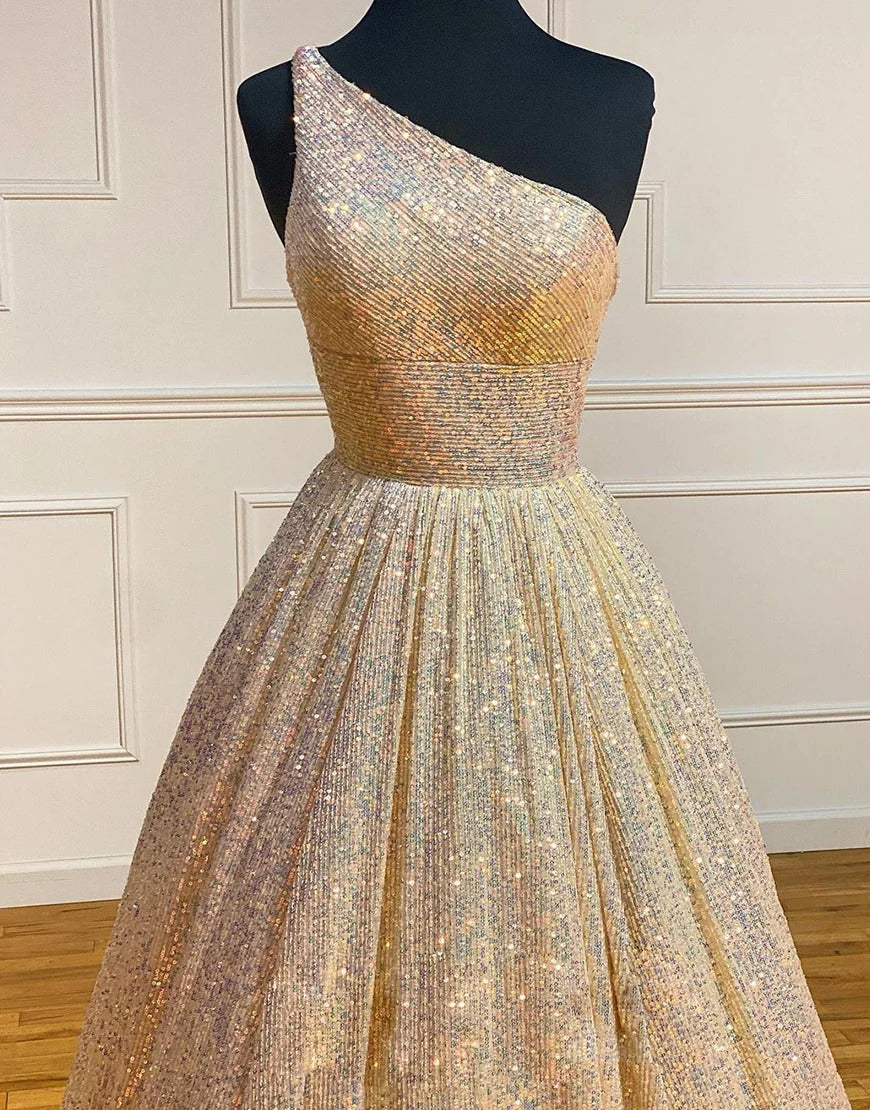 Champagne Glitter One Shoulder Prom Dresses