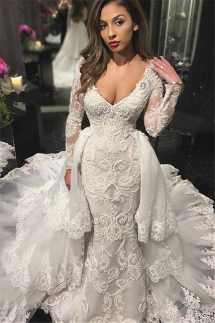 V-neck Beads Appliques Wedding Dresses with Sleeves | Mermaid Overskirt Sexy Bride Dresses - Custom Color / US2 V-neck Beads Appliques Wedding Dresses with Sleeves | Mermaid Overskirt Sexy Bride Dresses - Custom Color / US2