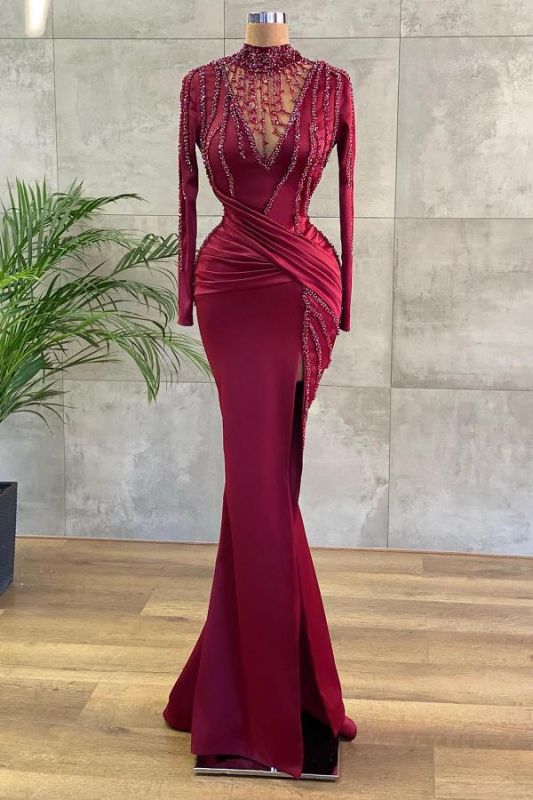 Burgundy Elegant Long Sleeve Prom Dress Mermaid Beadings Evening Gowns luladress Burgundy Elegant Long Sleeve Prom Dress Mermaid Beadings Evening Gowns luladress