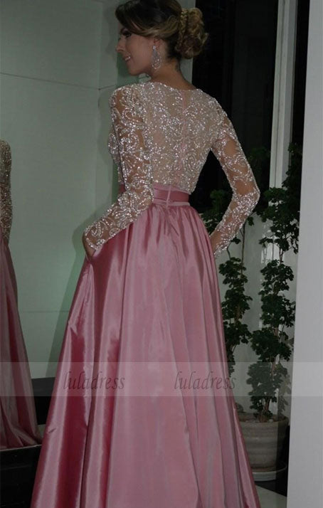 V-neck Beading Long Formal Prom Dresses with Pockets