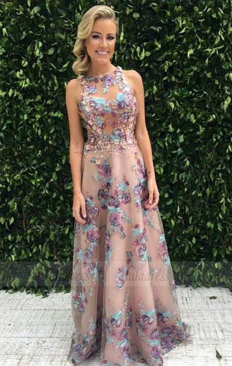 A-Line Jewel Sweep Train Purple Tulle Sleeveless Prom Dress with Appliques