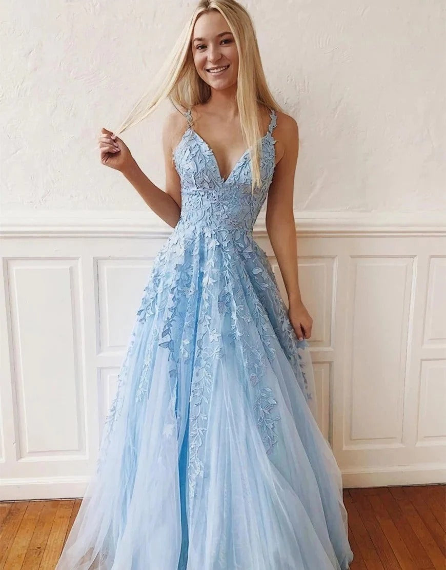 A Line V Neck Light Blue Lace Prom Dresses, V Neck Light Blue Lace Formal Evening Dresses, US 10 / Blue as Pics / No Rush A Line V Neck Light Blue Lace Prom Dresses, V Neck Light Blue Lace Formal Evening Dresses, US 10 / Blue as Pics / No Rush