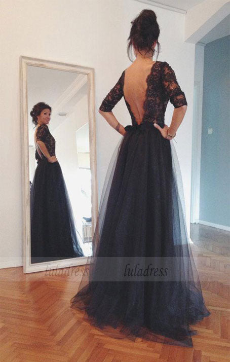 A-line/Princess 3/4 Sleeves Beading Long Lace Tulle Prom Dresses
