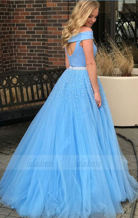 Two Piece Prom Dress Tulle Off The Shoulder Formal Gown With Beading