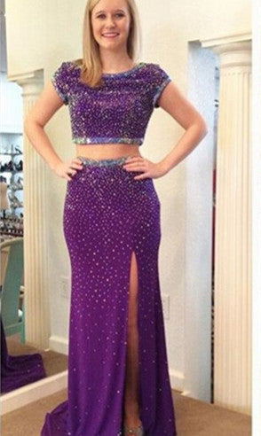 purple prom dress,long Prom Dress,beaded prom dress,two pieces prom dress,open back evening dress