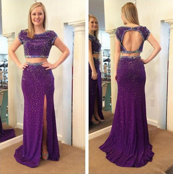 purple prom dress,long Prom Dress,beaded prom dress,two pieces prom dress,open back evening dress