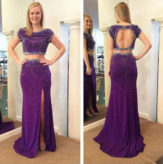 purple prom dress,long Prom Dress,beaded prom dress,two pieces prom dress,open back evening dress