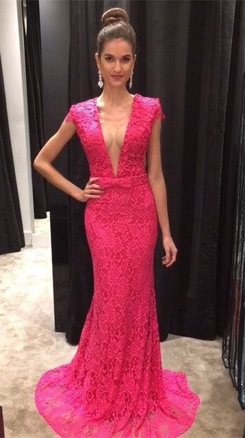 hot pink lace prom dress,long Prom Dress,elegant prom dress,mermaid prom dress,short sleeves evening dress
