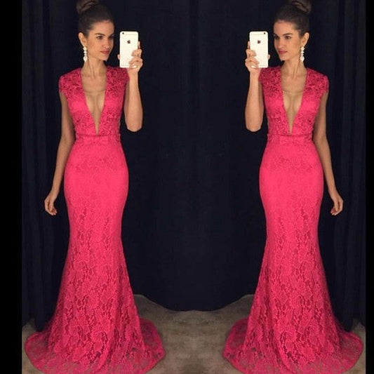 hot pink lace prom dress,long Prom Dress,elegant prom dress,mermaid prom dress,short sleeves evening dress