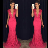 hot pink lace prom dress,long Prom Dress,elegant prom dress,mermaid prom dress,short sleeves evening dress