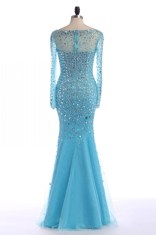 blue prom dress,long Prom Dress,beaded prom dress,long sleeves prom dress,beaded evening dress