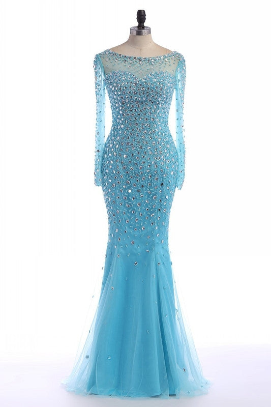 blue prom dress,long Prom Dress,beaded prom dress,long sleeves prom dress,beaded evening dress