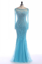 blue prom dress,long Prom Dress,beaded prom dress,long sleeves prom dress,beaded evening dress