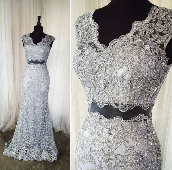 gray prom dress,long Prom Dress,lace prom dress,two pieces prom dress,elegant evening dress