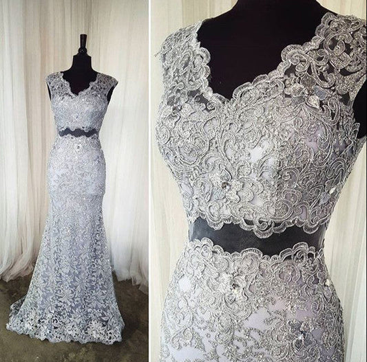 gray prom dress,long Prom Dress,lace prom dress,two pieces prom dress,elegant evening dress