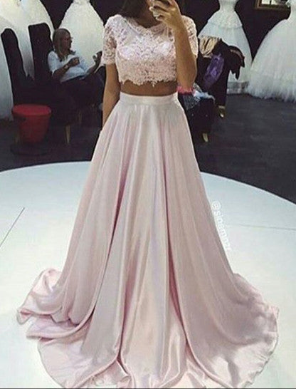 short sleeves Prom Dress,long Prom Dress,two pieces Prom Dress,A-line Prom Dress,lace evening Dress