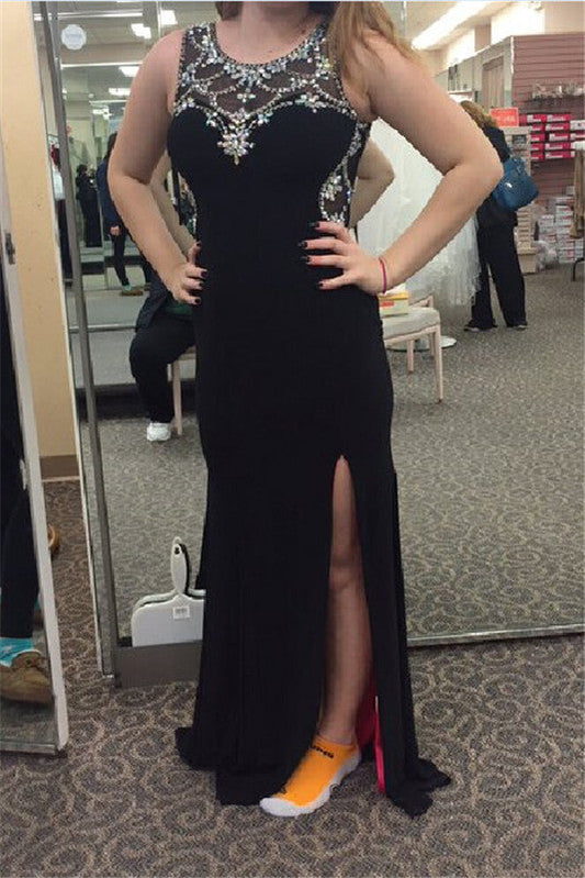 black Prom Dresses,long prom dress,beaded prom Dress,side slit prom dress