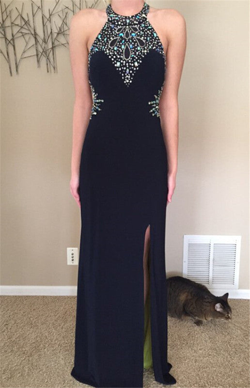 black evening Dress,long Prom Dress,beaded prom dress,side slit prom dress,backless evening dress