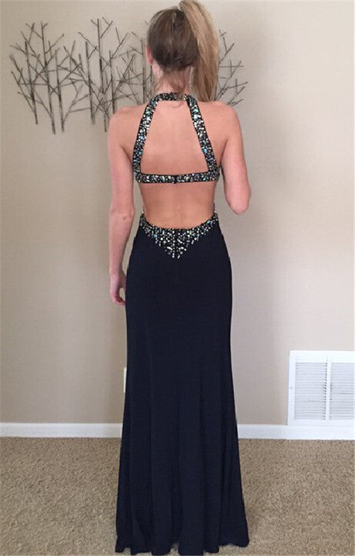 black evening Dress,long Prom Dress,beaded prom dress,side slit prom dress,backless evening dress