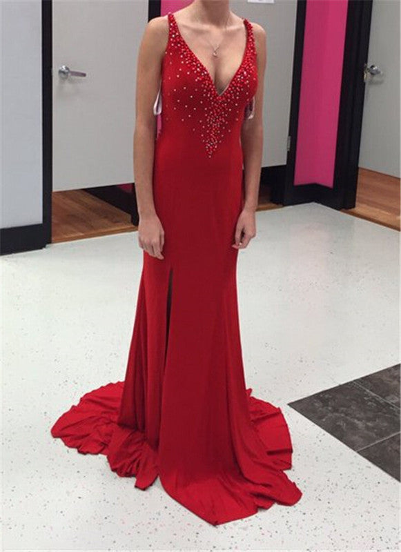 red Prom Dress,v-neck prom dress,beaded prom dress,side slit prom dress,see through prom dress