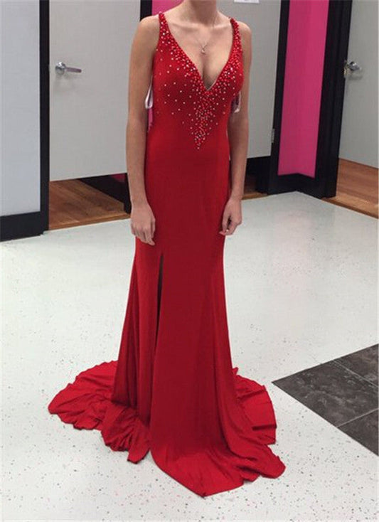 red Prom Dress,v-neck prom dress,beaded prom dress,side slit prom dress,see through prom dress