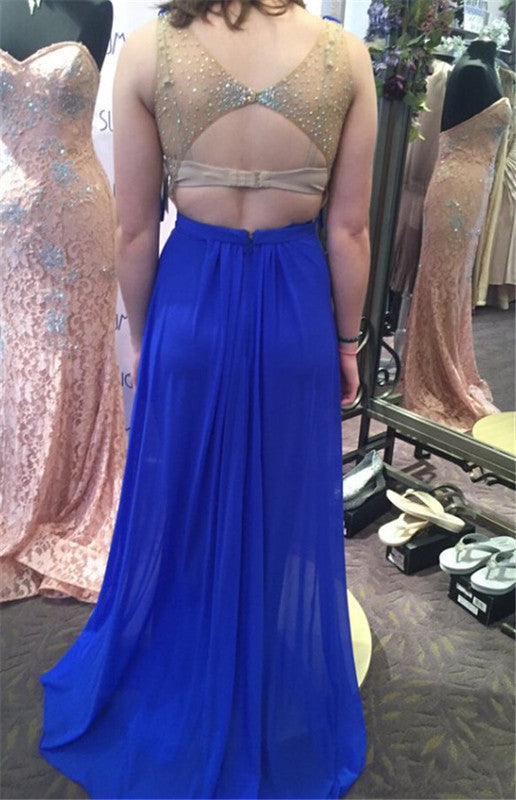 royal blue evening Dress,chiffon Prom Dress,beaded prom dress,long prom dress,charming evening dress