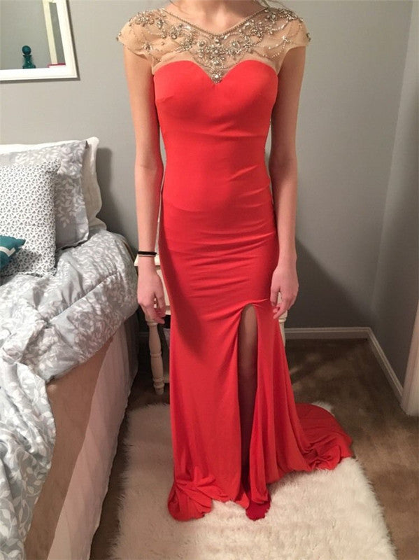 red Prom Dress,Long Prom Dress,charming Prom Dress,cap sleeves Prom Dress,side slit evening Dress