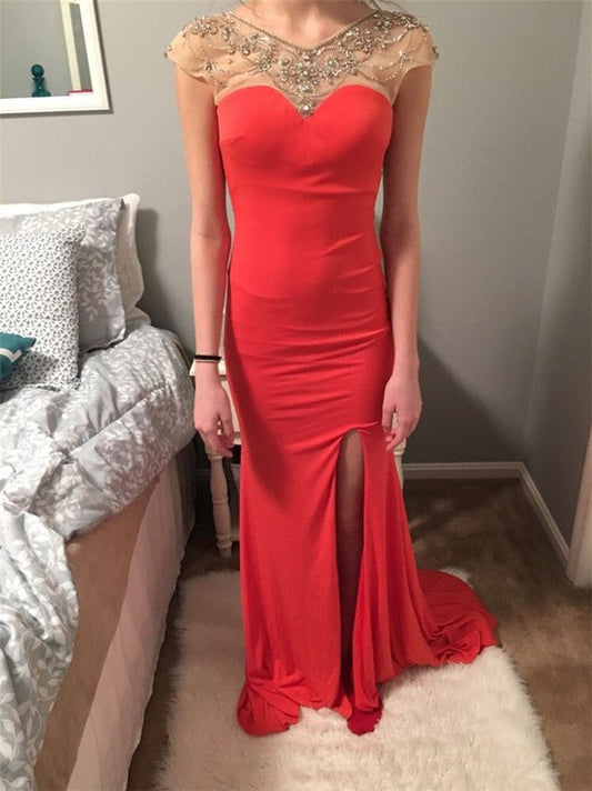 red Prom Dress,Long Prom Dress,charming Prom Dress,cap sleeves Prom Dress,side slit evening Dress
