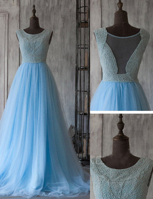 blue Prom Dresses,long prom dress,A-line prom Dress,charming prom dress,tulle prom gown