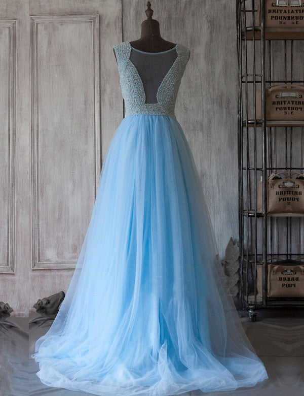 blue Prom Dresses,long prom dress,A-line prom Dress,charming prom dress,tulle prom gown